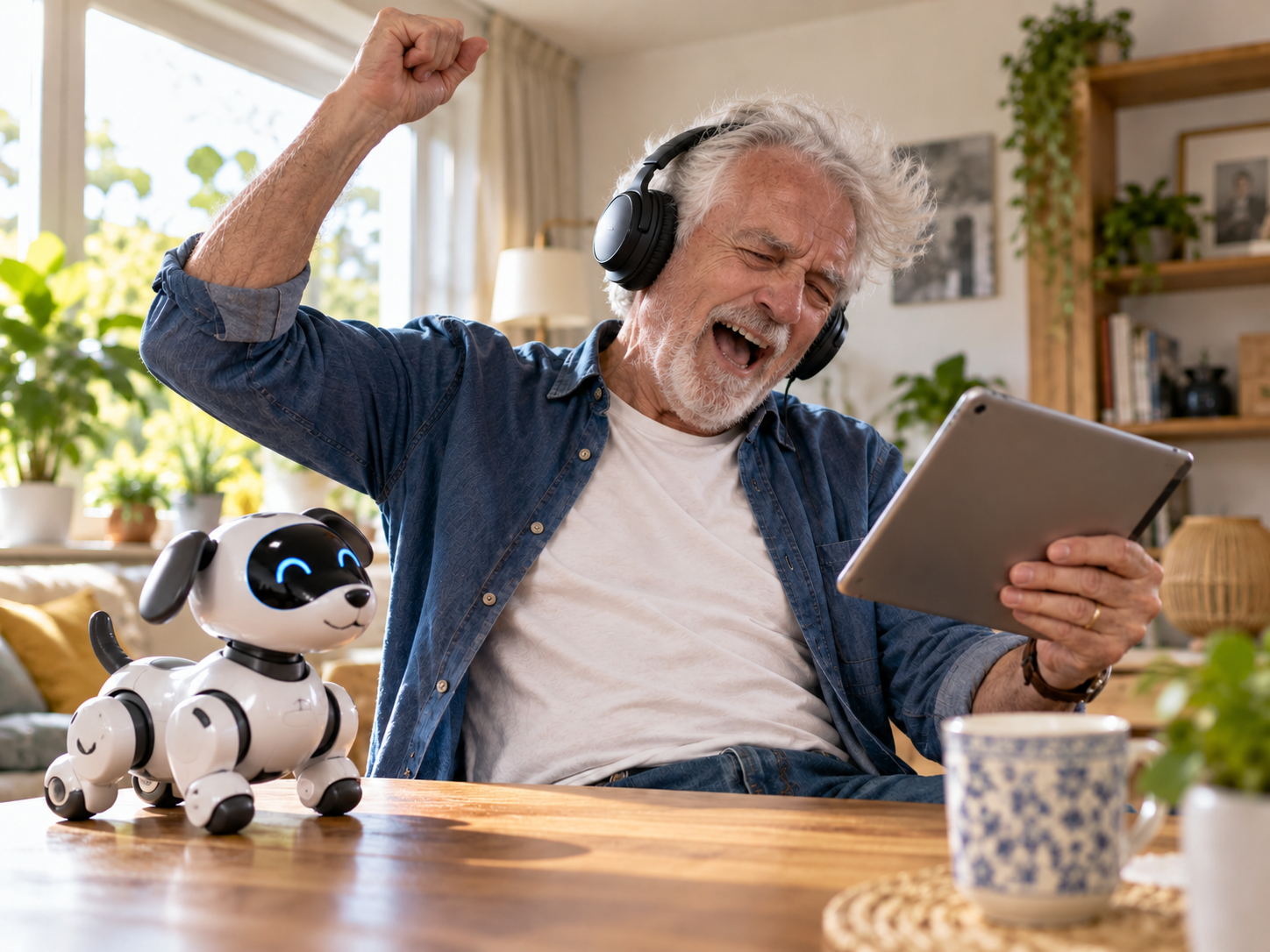Oudere man geniet enthousiast van muziek met koptelefoon, tablet en een robothondje op tafel