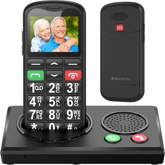 Zwarte Protectly seniorentelefoon met grote toetsen, rode noodknop en handsfree laadstation