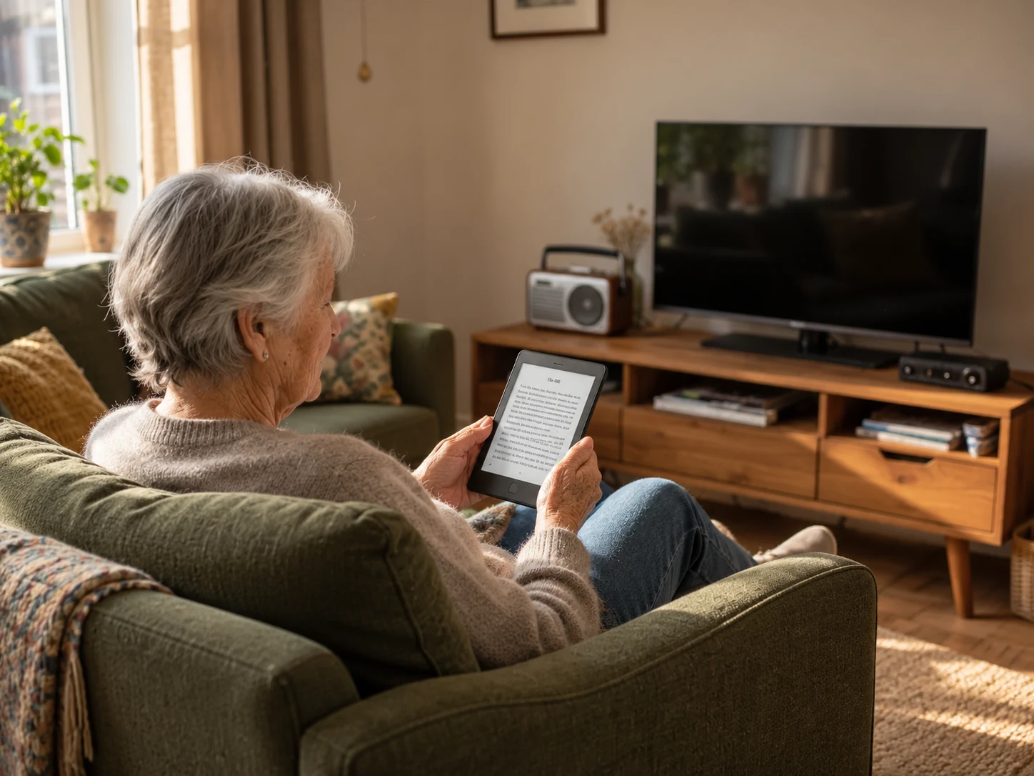 Oudere vrouw leest ontspannen op een e-reader in haar woonkamer