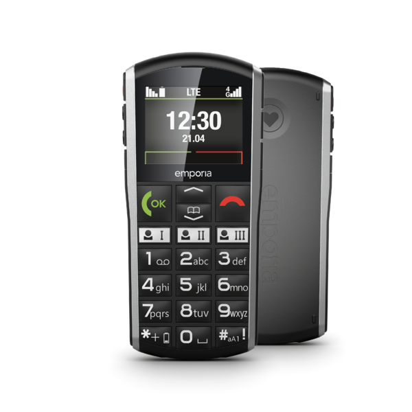 Emporia SIMPLICITY-LTE in zwart, met fysieke cijfertoetsen, drie contacttoetsen en noodknop aan de achterzijde