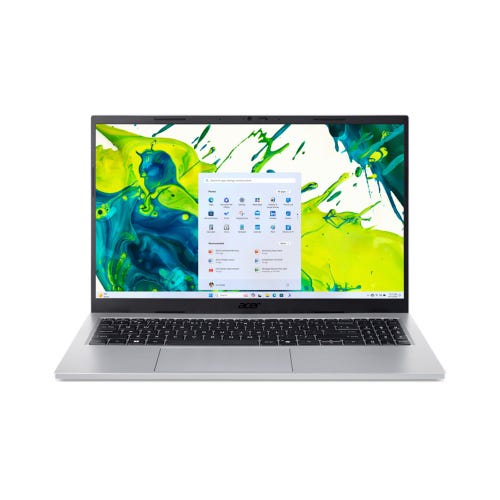 Acer Aspire Go 15 in zilver, geopend met het Windows-startscherm