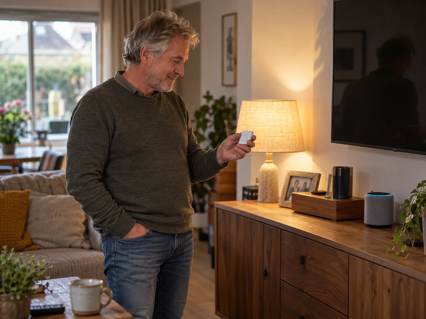 Oudere man bedient slimme verlichting in een warme woonkamer