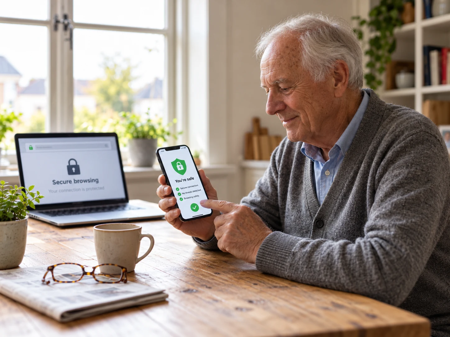 Oudere man bekijkt online beveiliging op zijn smartphone, met een laptop op tafel.