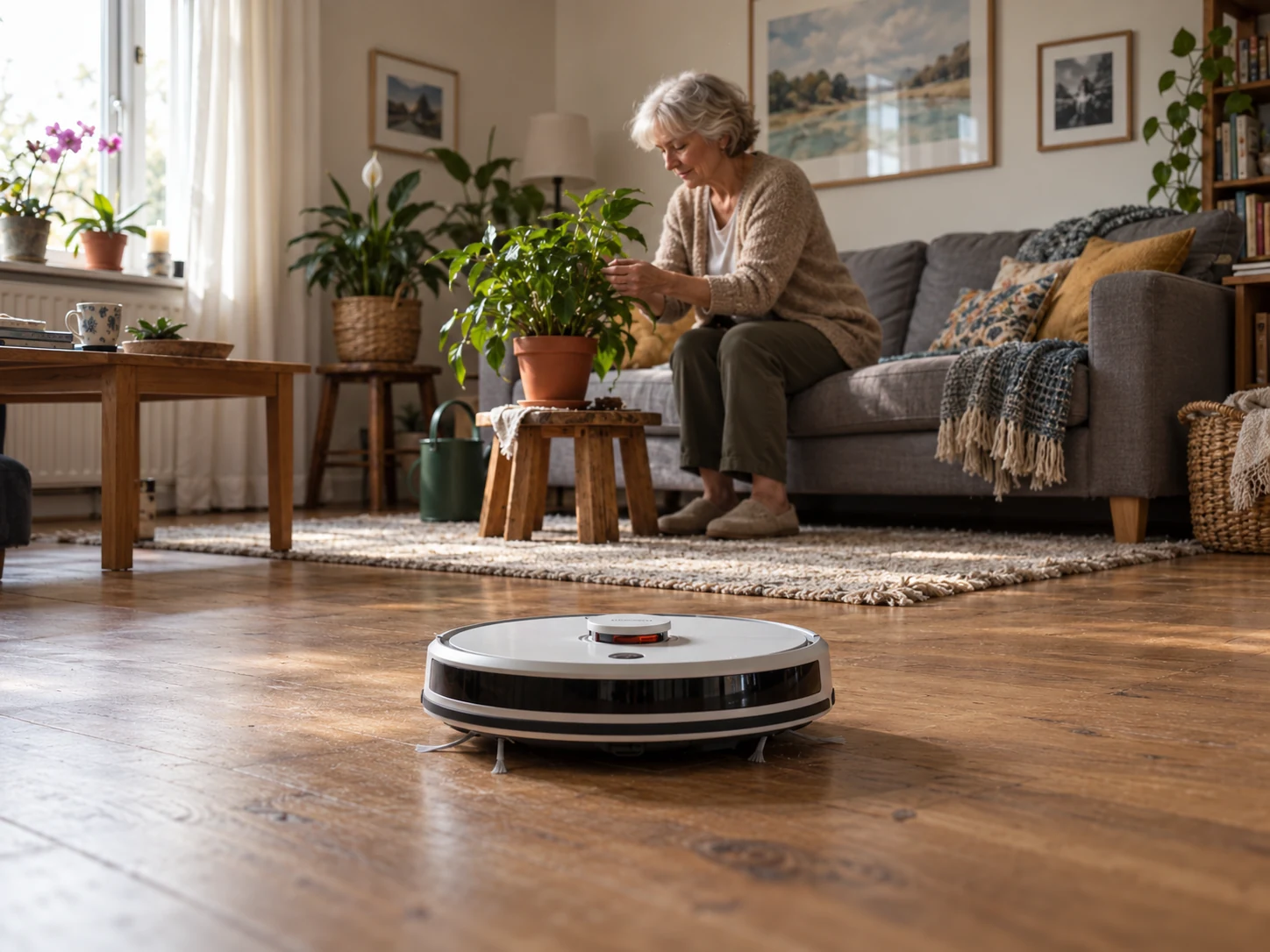 Robotstofzuiger op de woonkamervloer terwijl een oudere vrouw een plant verzorgt