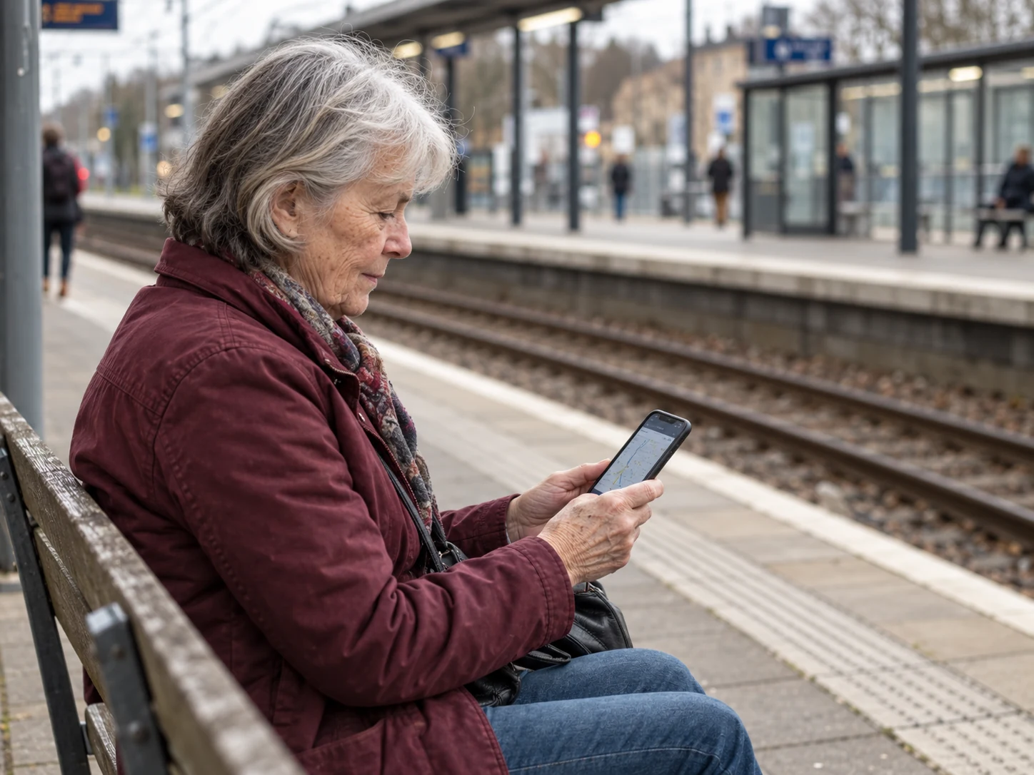 Oudere vrouw bekijkt een reisplanner op haar smartphone terwijl zij op een station wacht