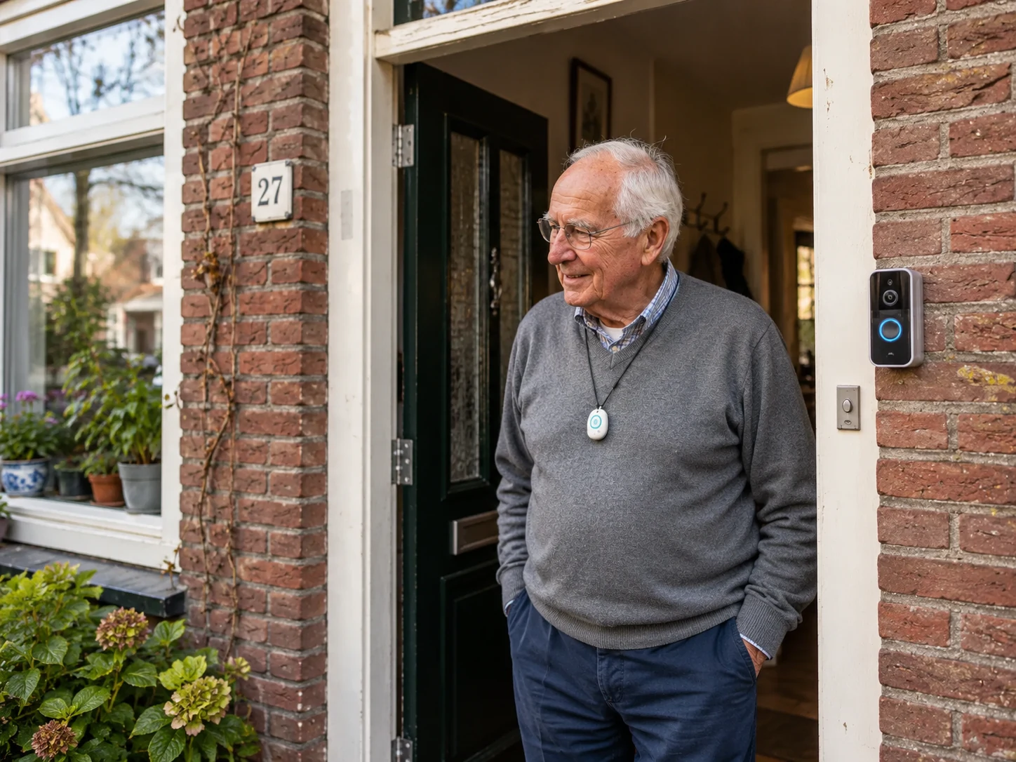 Oudere man bij zijn voordeur met een deurbel en een personenalarm