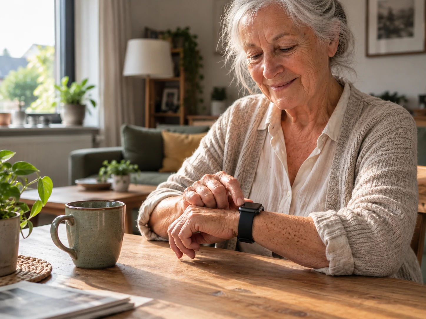 Oudere vrouw bekijkt haar smartwatch aan de keukentafel