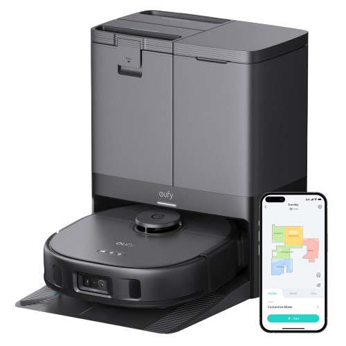 eufy X10 Pro Omni robotstofzuiger met reinigingsstation en voorbeeld van de app