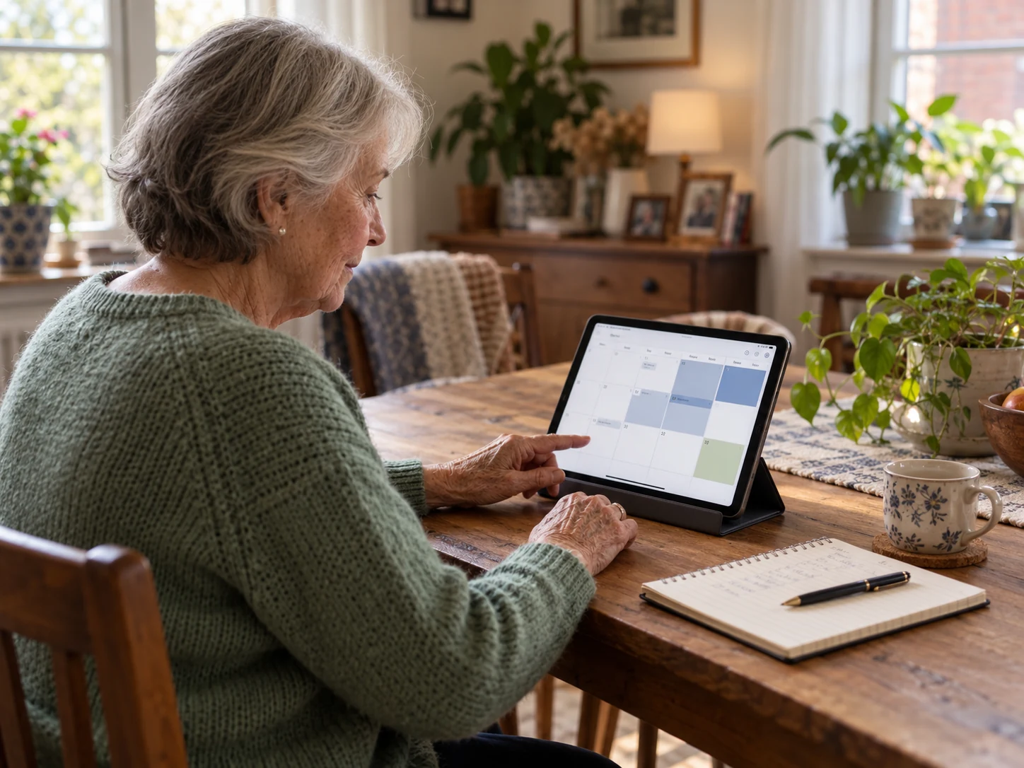 Oudere vrouw bekijkt een digitale dagplanner aan haar eettafel