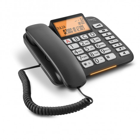 Zwarte Gigaset DL580 met bedrade hoorn en A–D-contacttoetsen