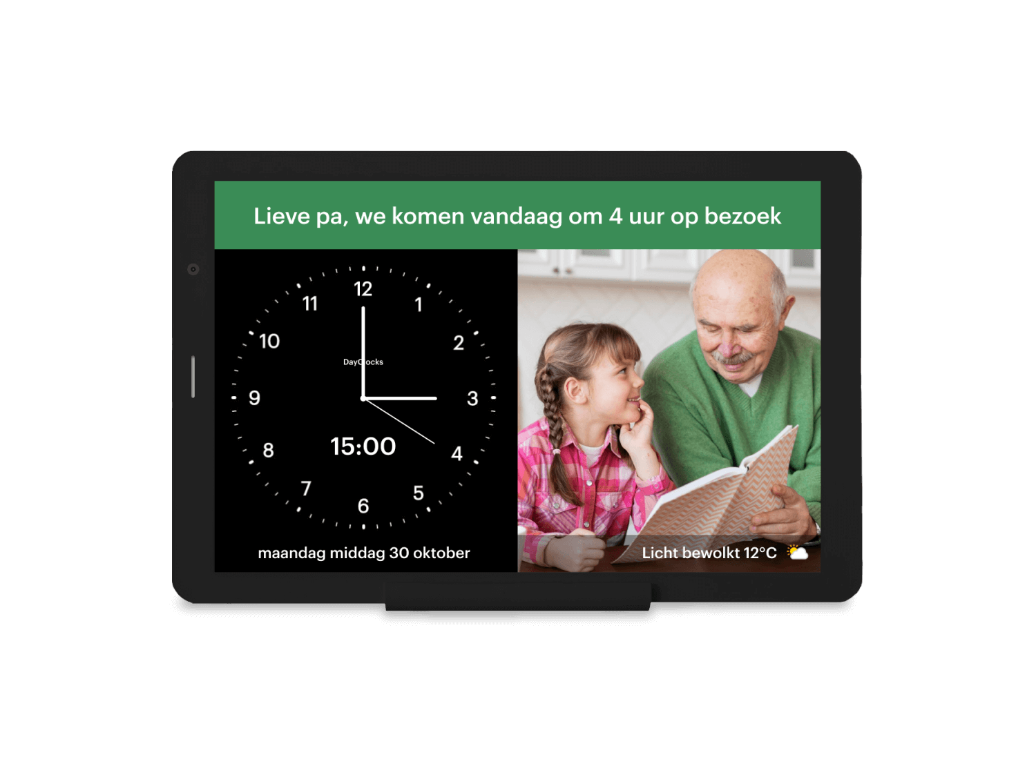DayClock Generations 10 met groot scherm en weergave van tijd, dag en datum