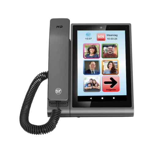 Zwarte SeniorenTAB Combi V.03 uit 2025 met contactfoto’s op het scherm en telefoonhoorn