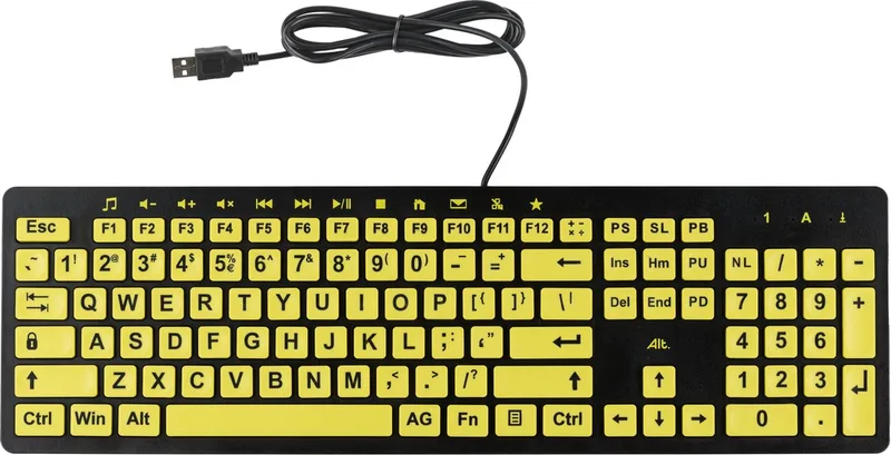 Alt ClearKeys toetsenbord met gele toetsen en zwarte letters op een zwart toetsenbord