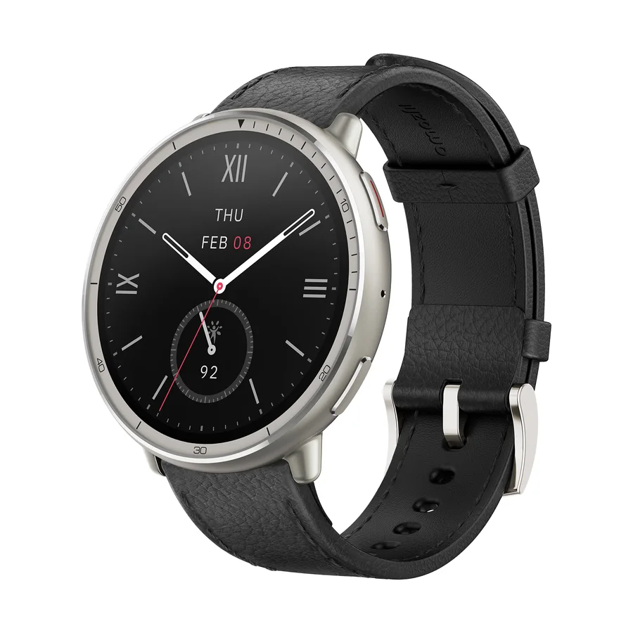 Amazfit Active 2 premium met zwart lederen band en rond scherm met wijzerplaat