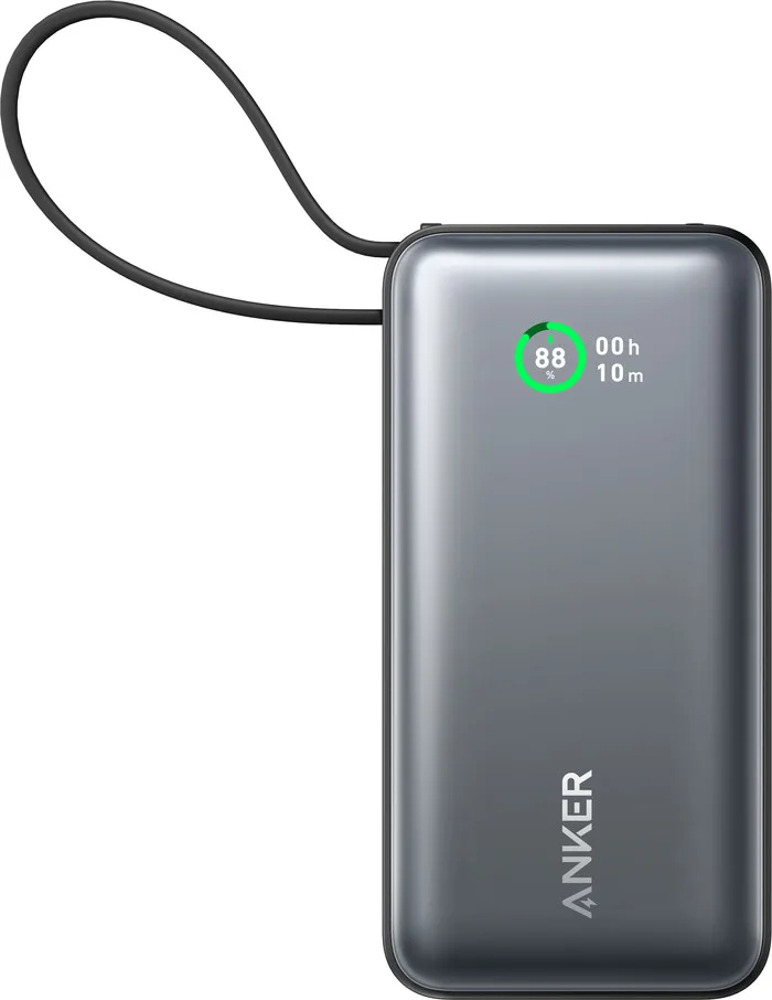 Zwart-grijze Anker Nano powerbank met ingebouwde kabel en display