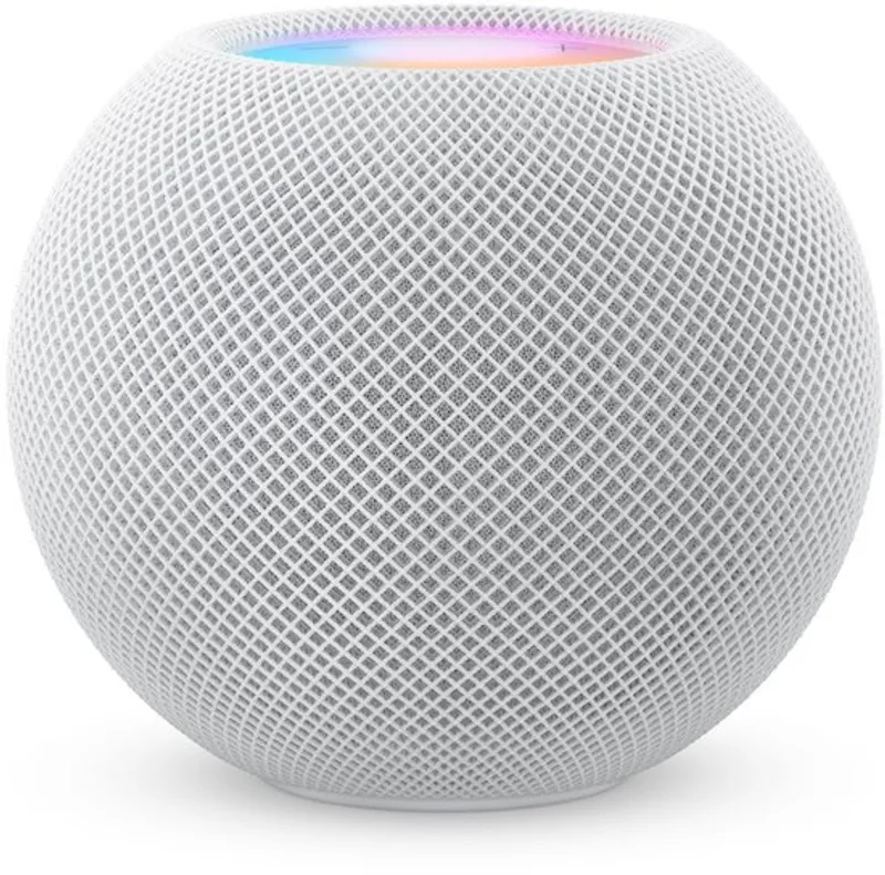 Apple HomePod mini in het wit met een gekleurd Siri-lichtje bovenop