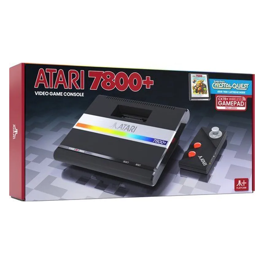 Atari 7800+ retrospelcomputer in de verpakking met console, draadloze gamepad en spelcartridge