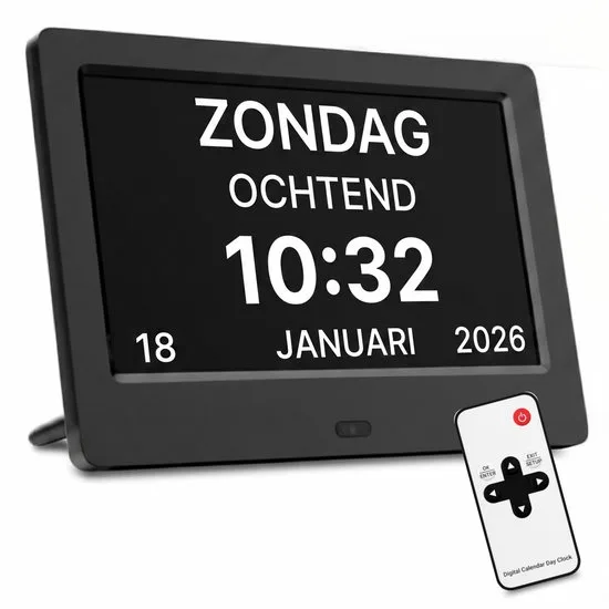 Bollit dementieklok van 7 inch in het zwart met zondag, ochtend, de tijd en de datum, met een afstandsbediening ernaast