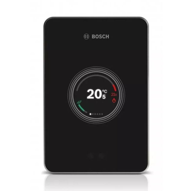 Bosch EasyControl CT200 in zwart, van voren met het ronde temperatuurdisplay.