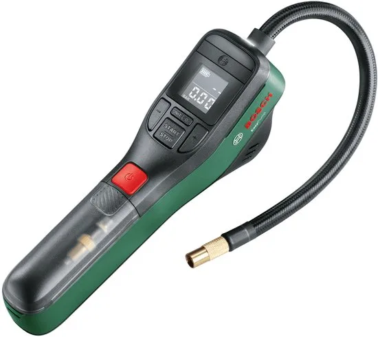 Bosch EasyPump accupomp in groen en zwart met display, rode aan-uitknop en slang