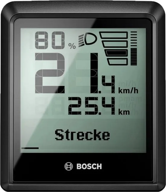 Bosch Intuvia 100 display met snelheid, afstand en accuniveau op een zwart-witscherm
