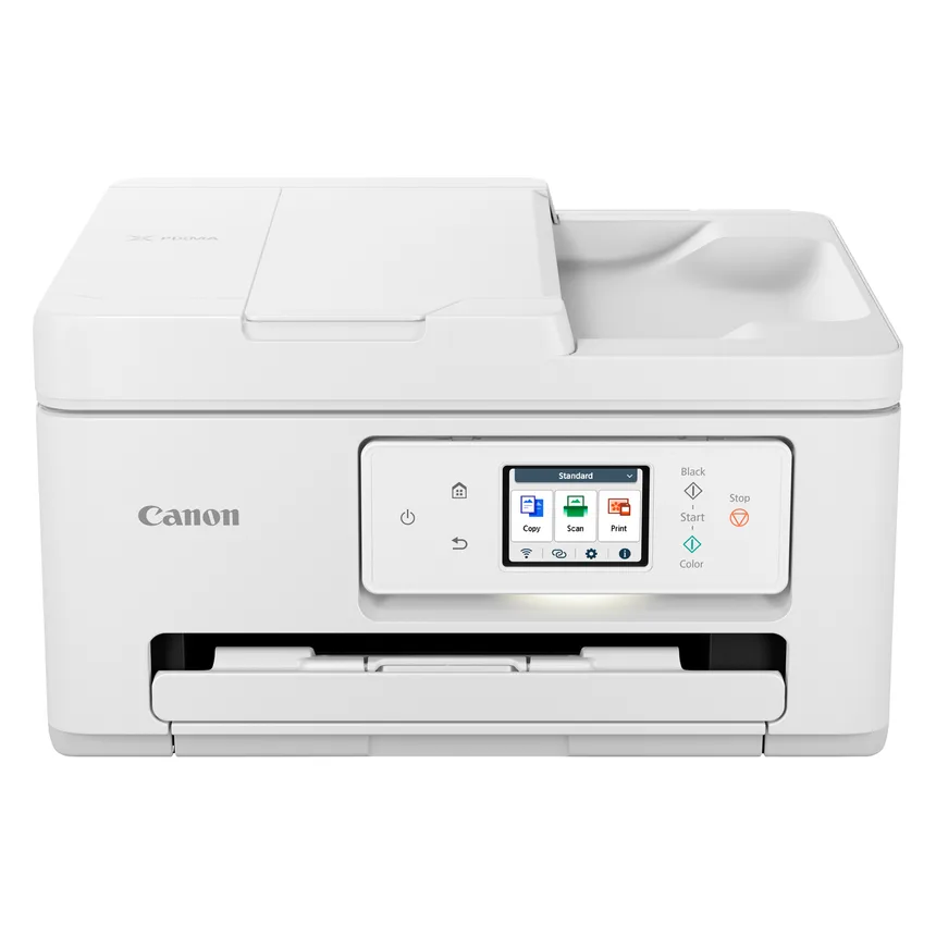 Witte Canon PIXMA TS7750i all-in-one printer met klein kleurenscherm en documentinvoer bovenop