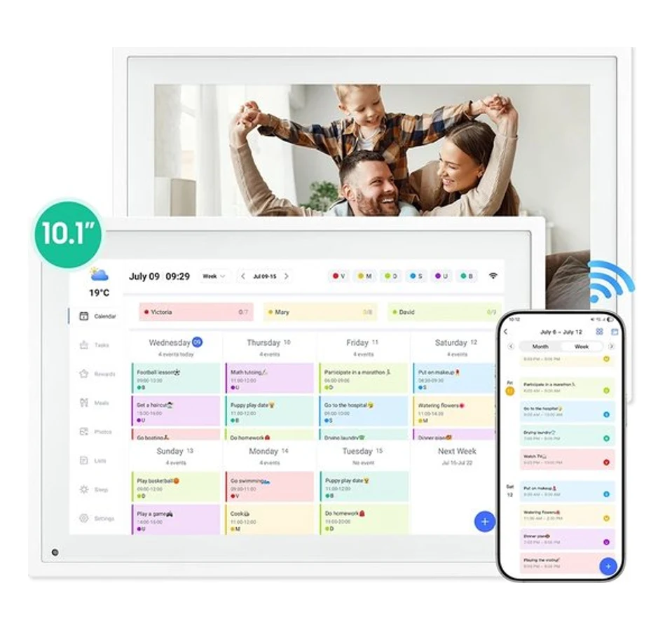 D&A Commerce P10 digitale familieplanner van 10,1 inch met weekagenda en een telefoon
