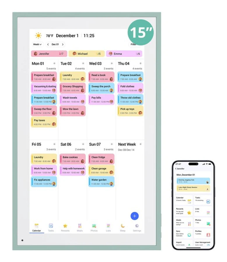 Dragon Touch digitale kalender van 15,6 inch in saliegroen met weekagenda en takenlijst