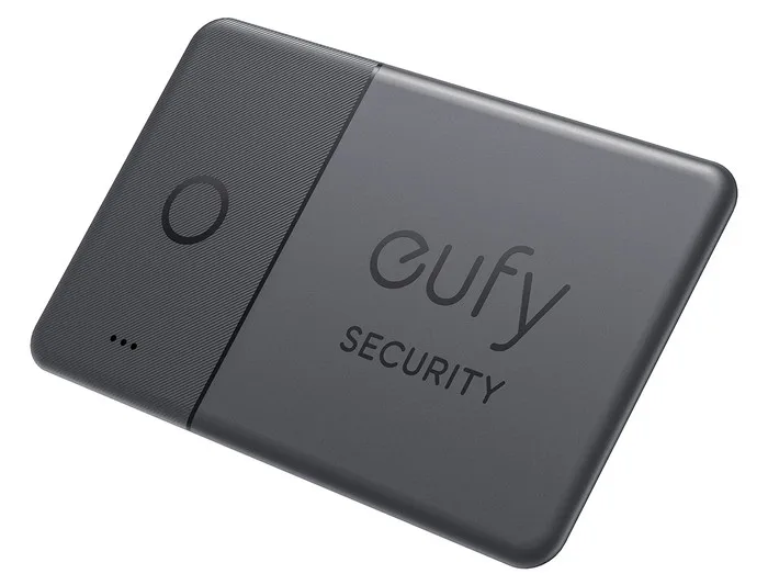 Zwarte eufy SmartTrack Card in kaartformaat met het eufy Security-logo