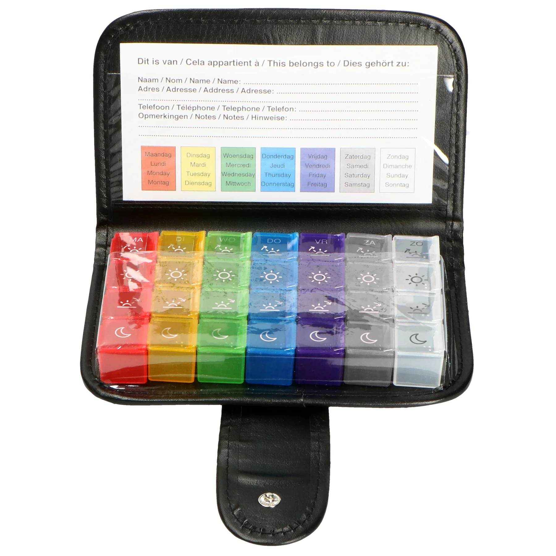 Zwart etui met zeven kleurige dagdoosjes van de Fysic FC-54