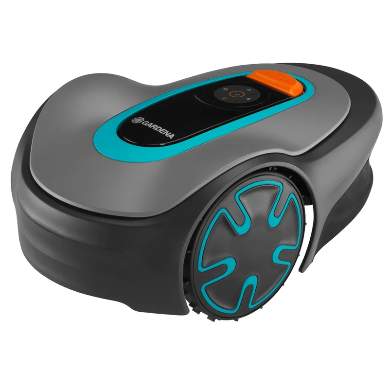 GARDENA SILENO minimo 250 robotmaaier in grijs met turquoise en een oranje stopknop
