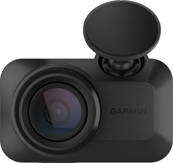 Garmin Dash Cam Mini 3, een kleine zwarte dashcam met lens en plakhouder, zonder scherm