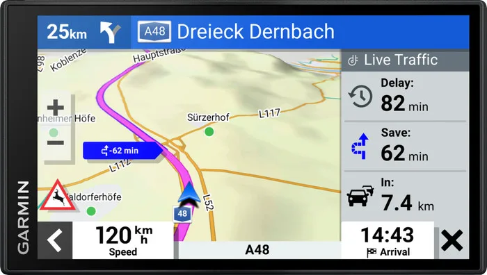 Garmin DriveSmart 66 met een routekaart, verkeersinformatie en snelheid op het scherm