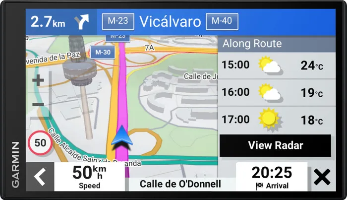 Garmin DriveSmart 76 met een routekaart, verkeersinformatie en snelheid op het scherm