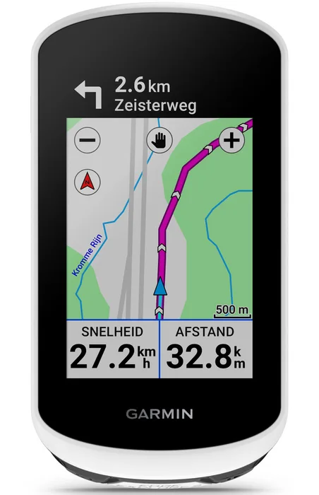 Garmin Edge Explore 2 met een kaartroute, afslagaanwijzing en snelheid en afstand op het scherm