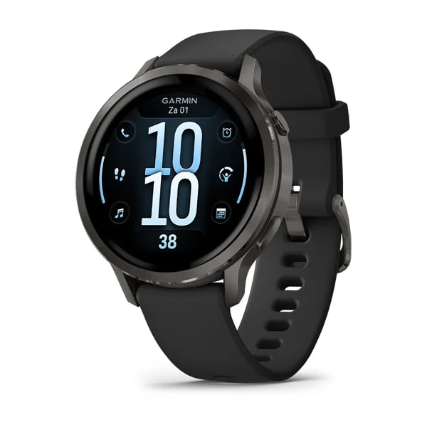 Garmin Venu 4 41 mm in zwart met rond scherm en siliconen band