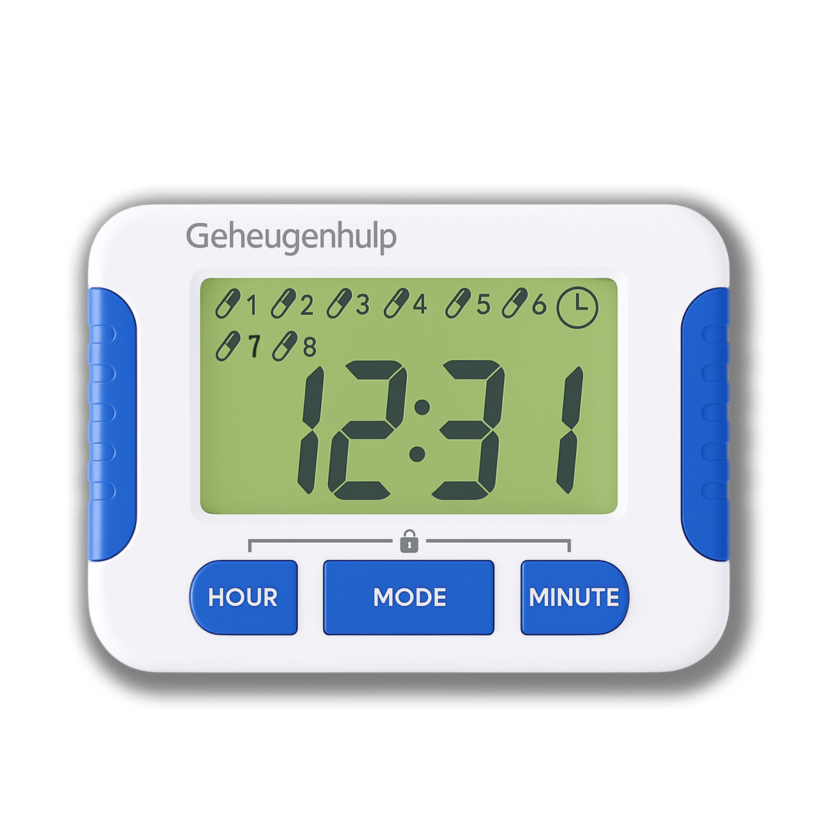 Blauwe medicijntimer met acht pilpictogrammen en een slotsymbool