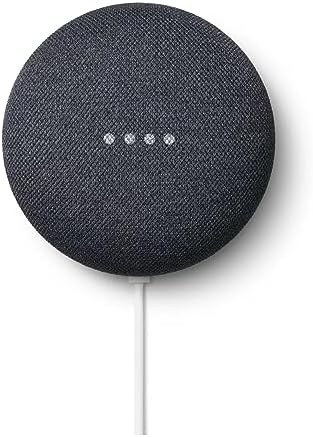 Google Nest Mini van de tweede generatie in zwart, met vier witte lampjes en een stroomkabel.