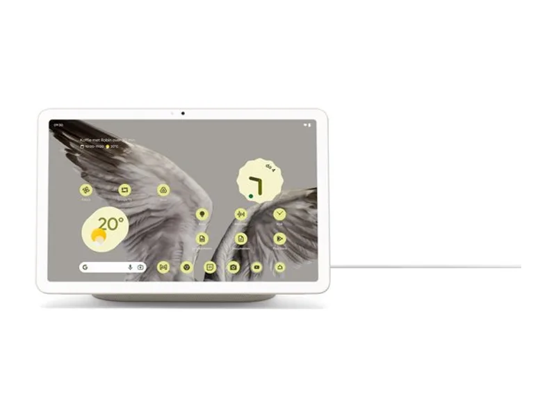 Google Pixel Tablet in het crèmekleurige oplaaddock met speaker en een startscherm met apps en weer