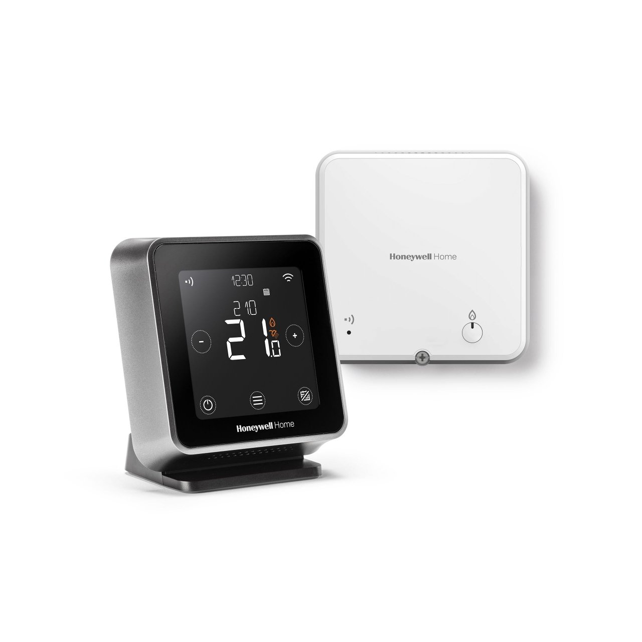 Honeywell Home Lyric T6R in antraciet op een tafelstandaard, met een witte ontvanger.