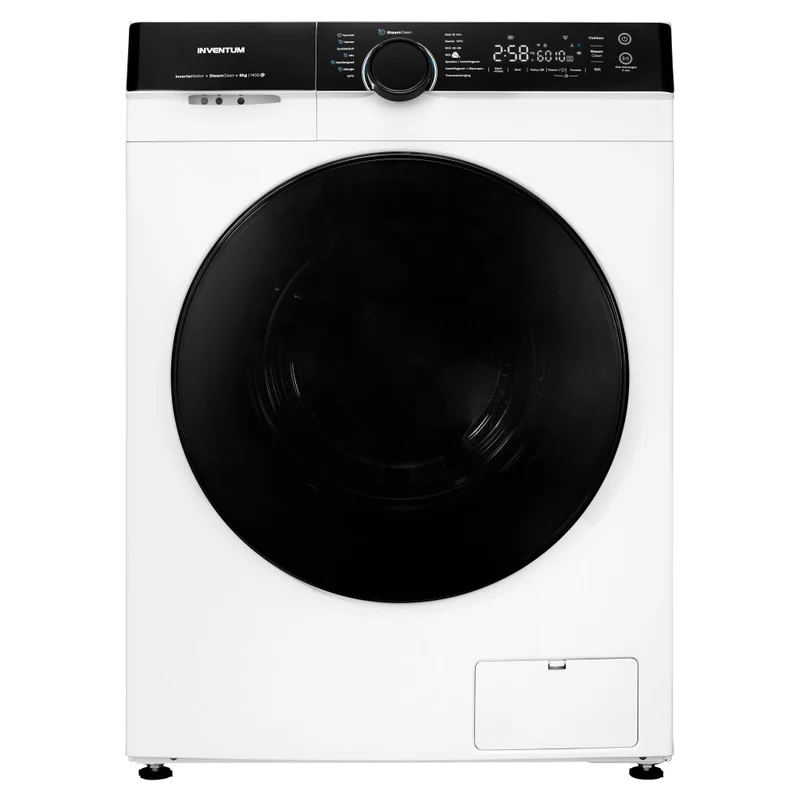 Inventum VWM8010W witte wasmachine met zwarte deur, programmakeuzeknop en led-display