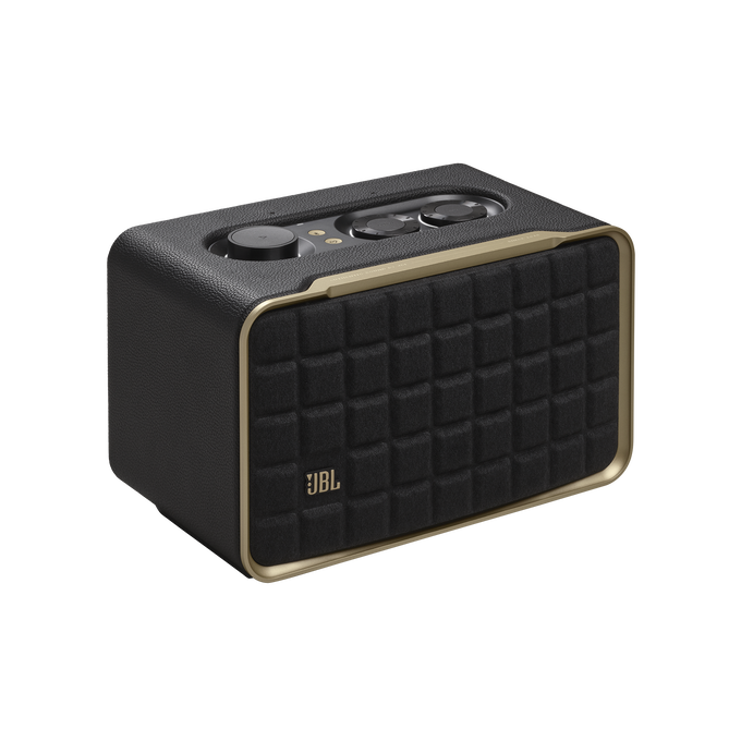 JBL Authentics 200 in zwart, schuin van voren met de bedieningsknoppen bovenop.