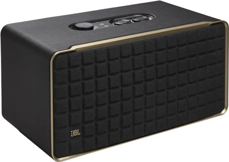JBL Authentics 500 zwarte speaker met gouden rand en bedieningselementen bovenop