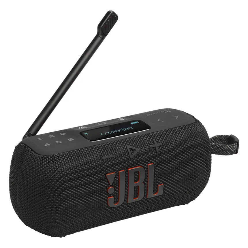 JBL Tuner 3 in zwart met uitgeklapte antenne, voorkeurstoetsen 1 tot en met 6, klein scherm en draaglus
