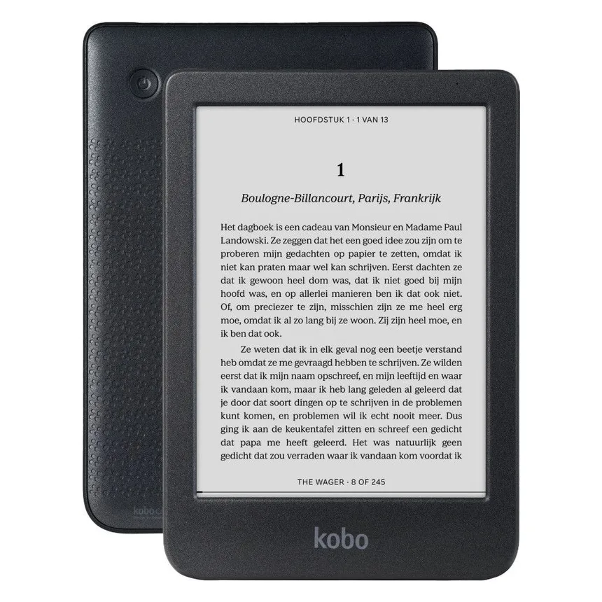 Kobo Clara BW zwarte e-reader, voorkant met tekstpagina en achterkant