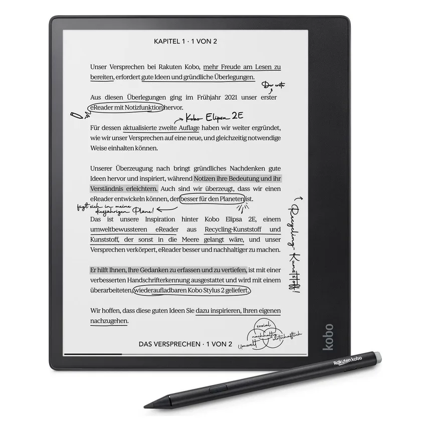 Kobo Elipsa 2E zwarte e-reader met tekstpagina en Kobo Stylus 2 schrijfpen