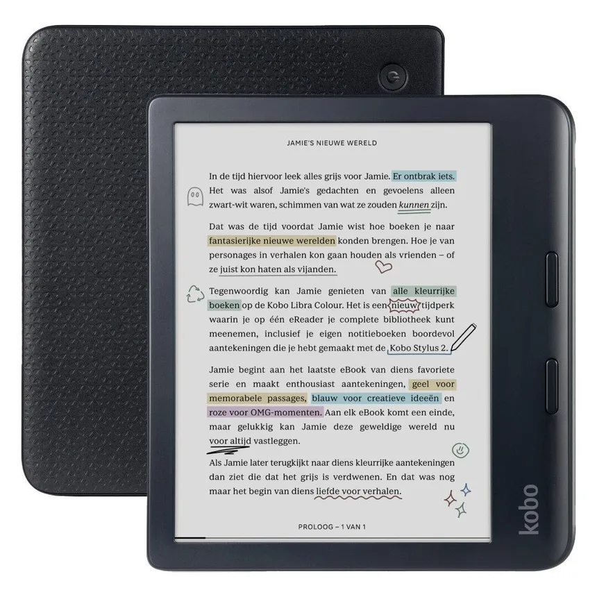 Kobo Libra Colour zwarte e-reader met kleurenscherm, voorkant en achterkant