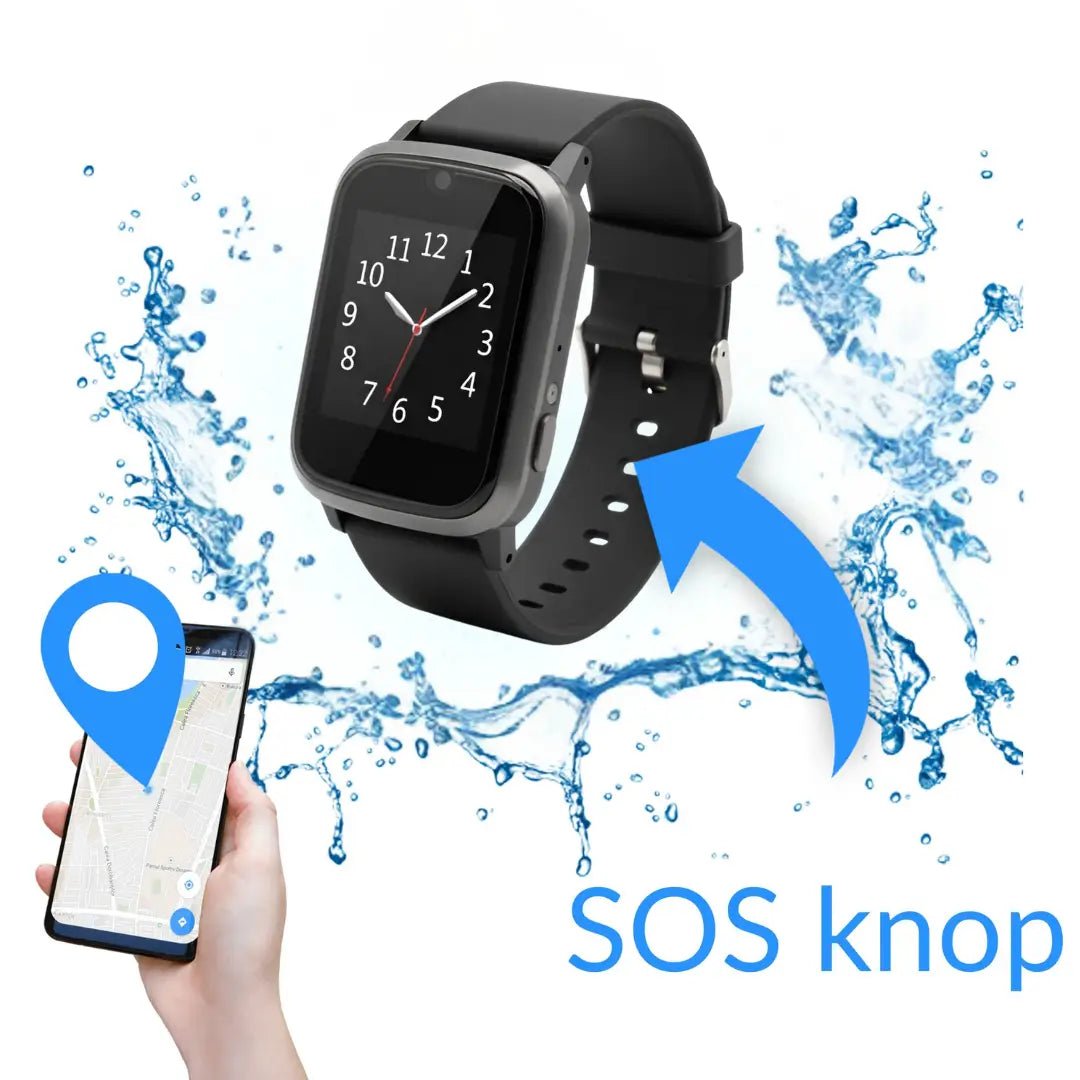 KUUS S5 alarmhorloge met analoge wijzerplaat, waterspatten en een kaart op een telefoon
