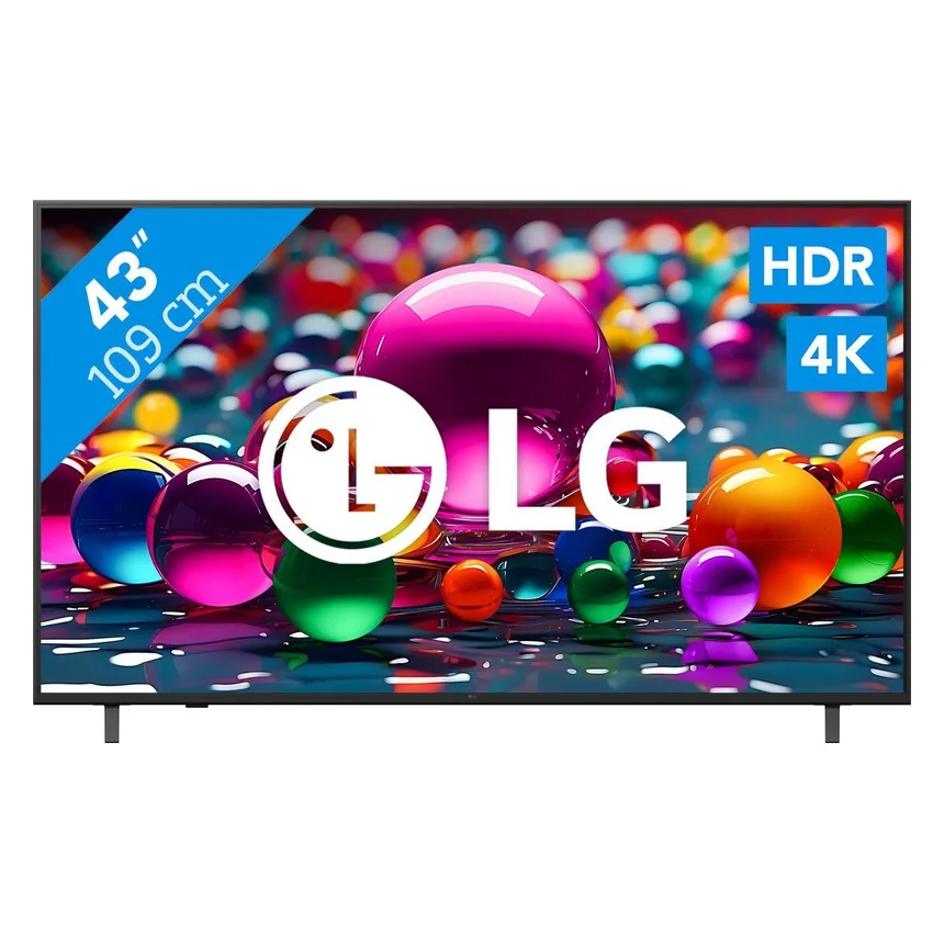 LG 43 inch UA75 televisie, voorkant met twee poten