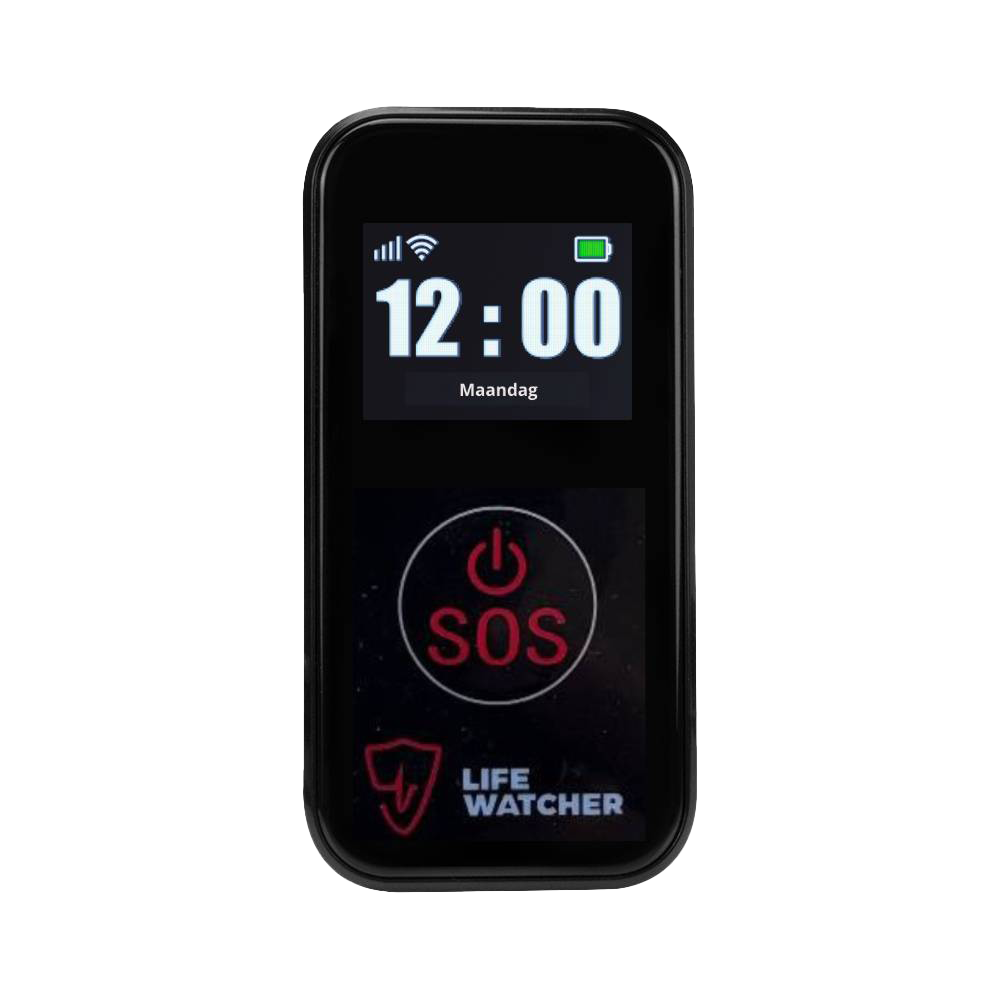 LifeWatcher SOS Button met scherm voor tijd en een rode SOS-knop